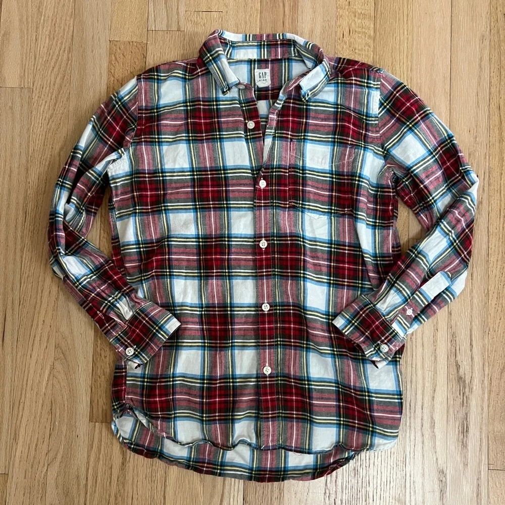 Gap Kids Boys Red‎ Cream Plaid Long Sleeve Button Down Shirt XL 12